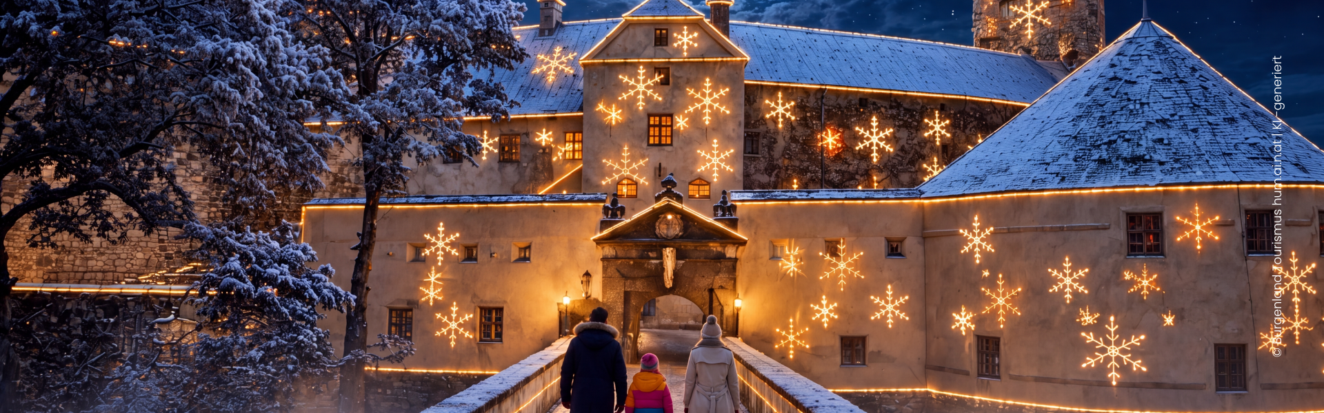 Schlaining Castle, festively decorated and illuminated. A winter wonderland at Schlaining Castle. © Burgenland Tourism hum.ai.n.at - AI-generated.