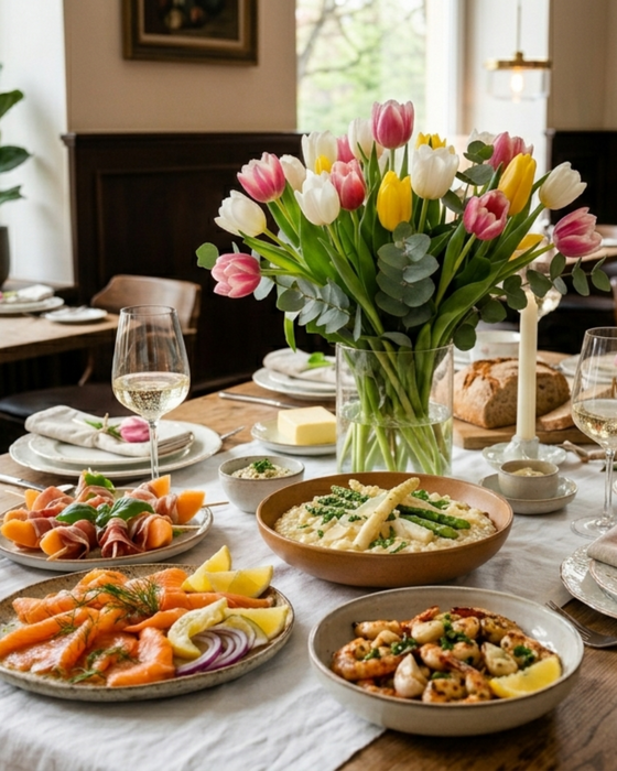 A table set with food, drinks, and flowers.