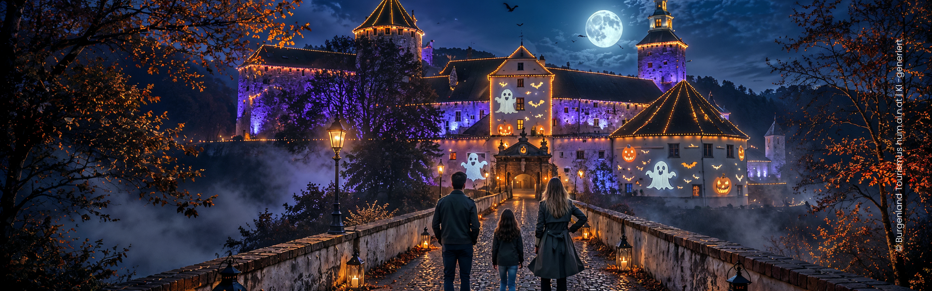 Magical lighting and fantastic mythical creatures at Schlaining Castle (c) Burgenland Tourism_hum.ai.n.at_AI-generated