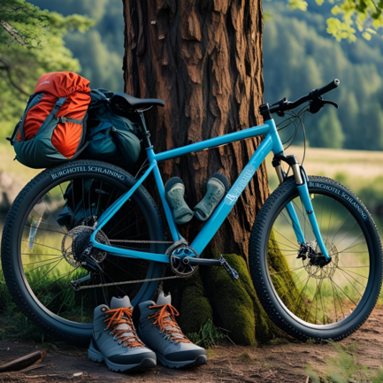 Bike loaded with rucksacks leaning against a tree, hiking boots in front of it