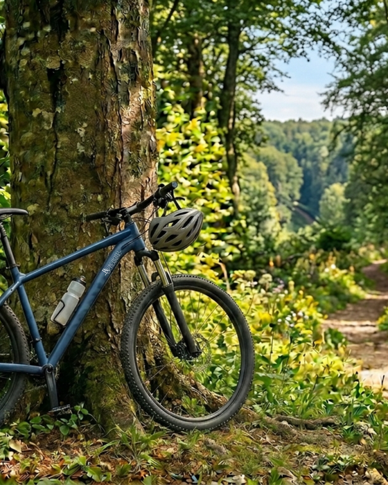 A mountain bike leaning against a tree in the forest.