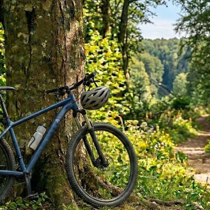 A mountain bike leaning against a tree in the forest.