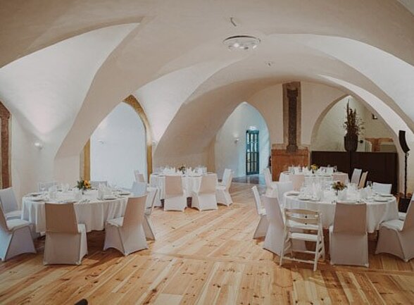 Knights' Hall with tables at Schlaining Castle.