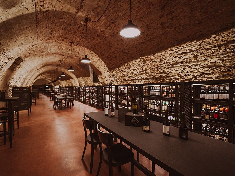 Wines in the wine tasting room Vinothek Burgenland.