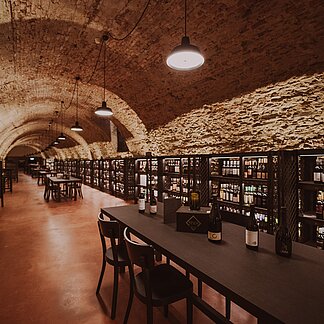 Wines in the wine tasting room Vinothek Burgenland.