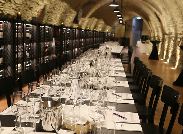 The table is set at the Vinothek Burgenland wine tasting room.