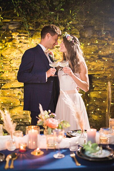 Bride and groom exchanging rings at Schlaining Castle.