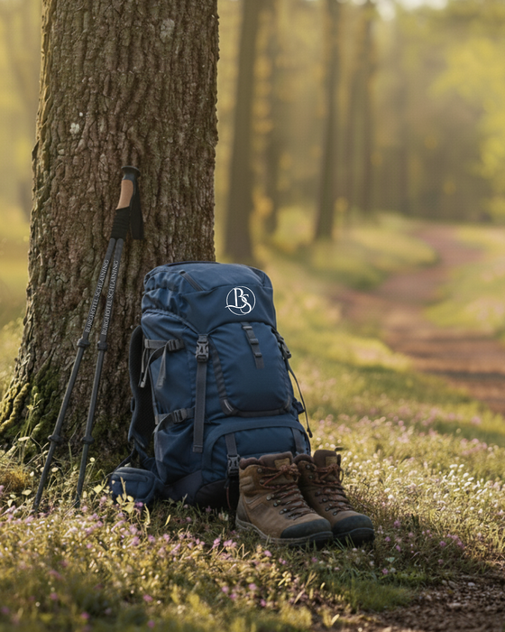 Hiking poles, hiking rucksack and hiking boots leaning against a tree in the forest. Hiking poles, hiking rucksack and hiking boots leaning against a tree in the forest.