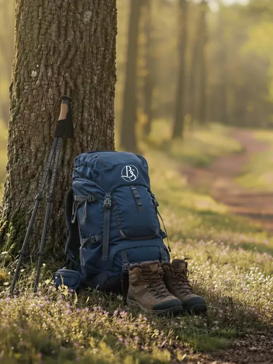 Hiking poles, hiking rucksack and hiking boots leaning against a tree in the forest.