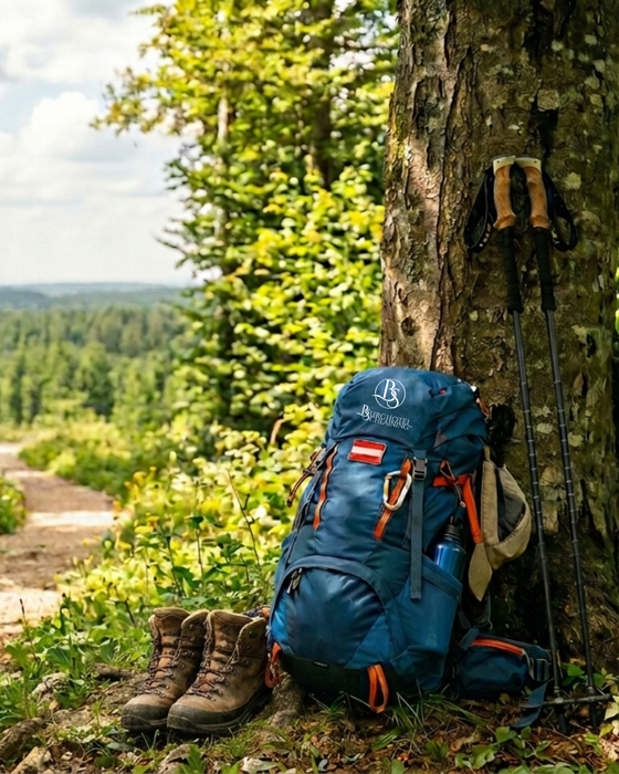 Backpack, hiking boots, and hiking poles leaning against a tree in the forest.