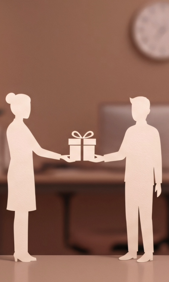 A man gives a woman a gift.