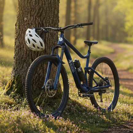 Bicycle with bicycle helmet leaning against a tree in the forest.