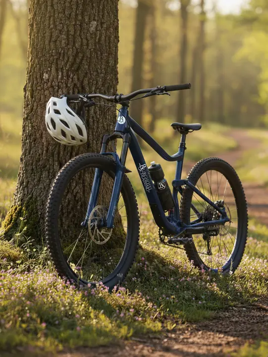 Bicycle with bicycle helmet leaning against a tree in the forest.
