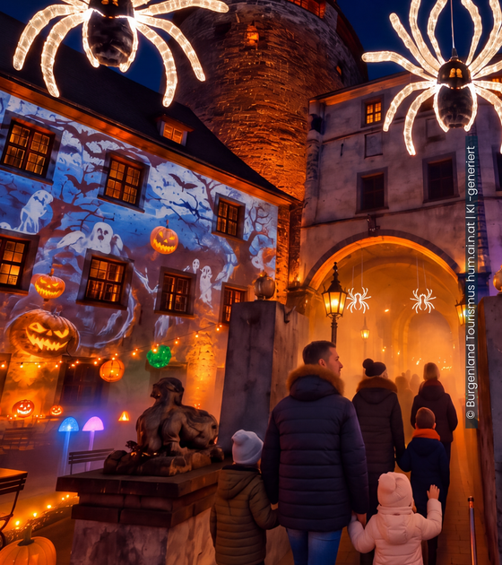 Magical lighting and fantastic mythical creatures at Schlaining Castle (c) Burgenland Tourism_hum.ai.n.at_AI-generated